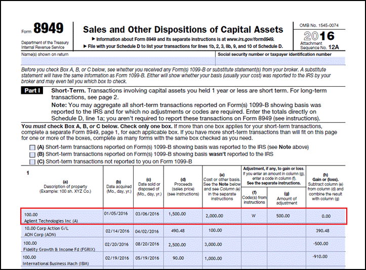 In the following Form 8949 example,the highlighted section below shows